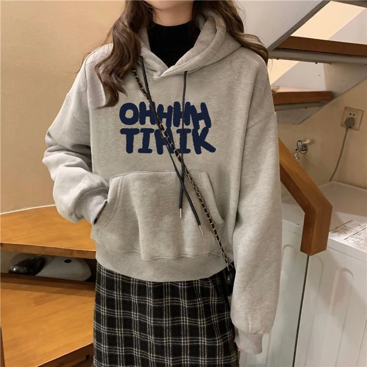 秋冬韩版150cm小个子学生宽松显瘦加绒加厚外套短款连帽卫衣女秋