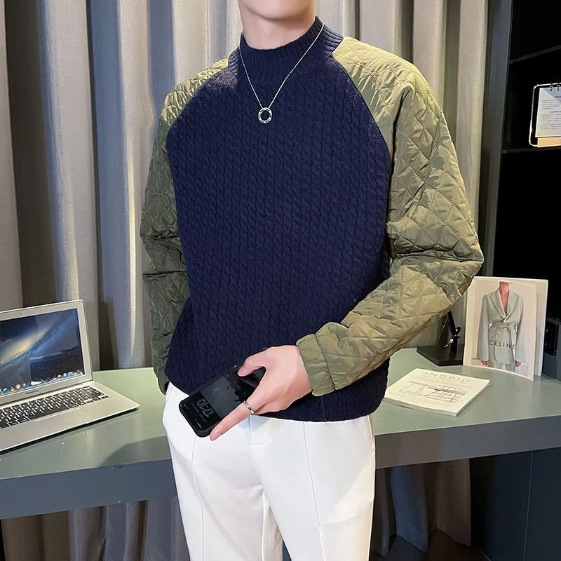 礼帽汪棉衣拼袖长袖男款冬季青少年大码胖哥哥加厚保暖打底针织衫