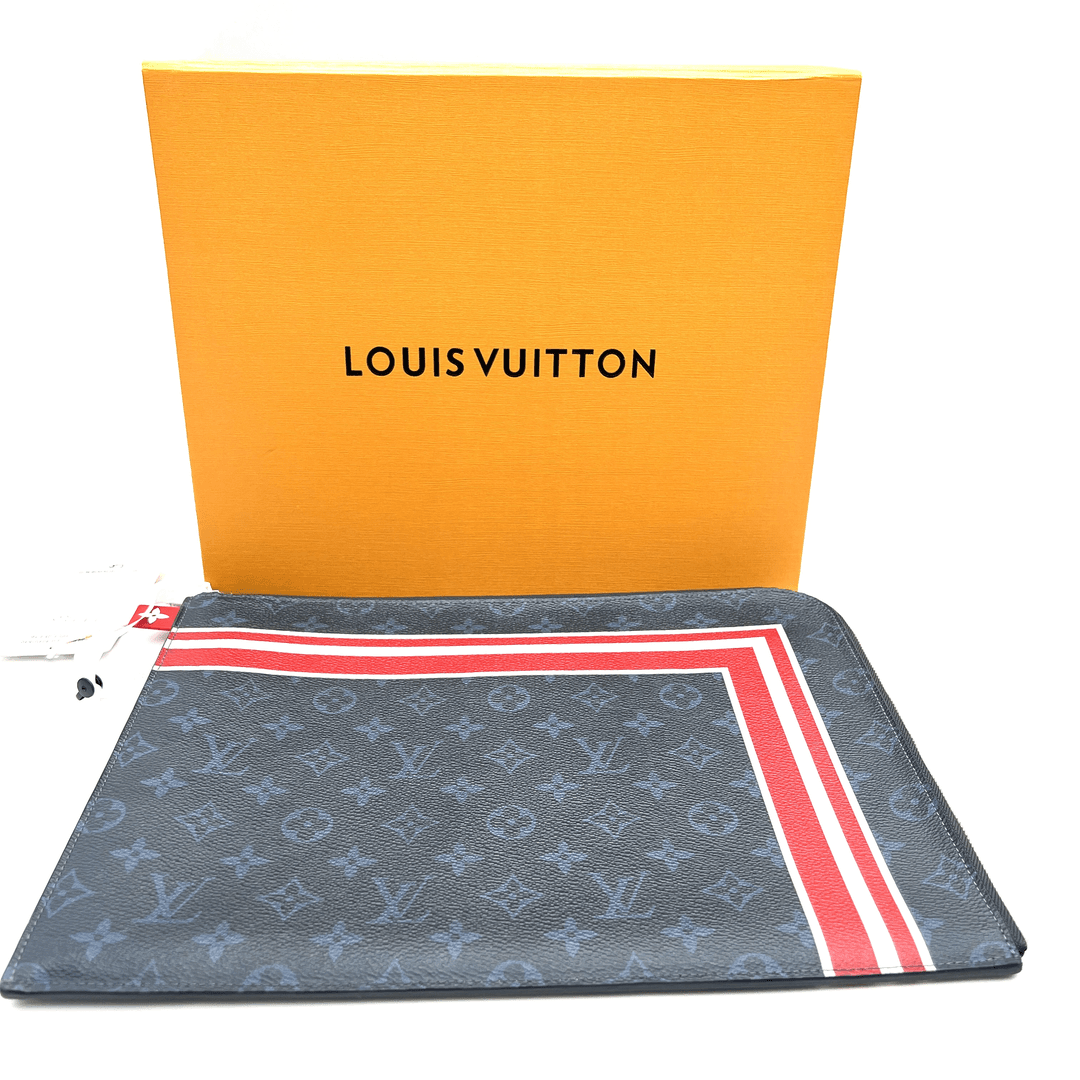 95新 LouisVuitton/路易威登 lv红蓝条纹手拿包/K157/赠钥匙扣
