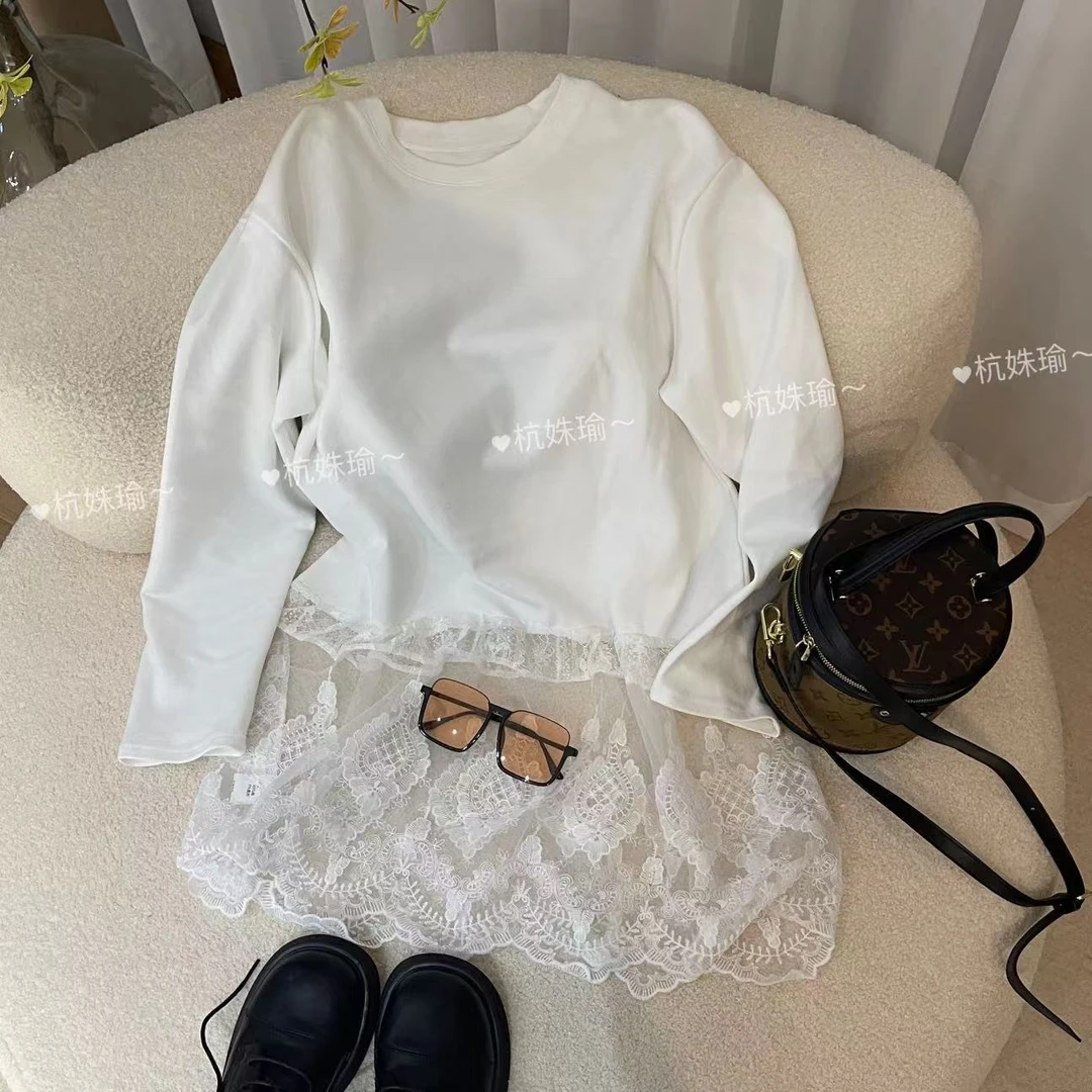 夏夏推荐拼接蕾丝打底衫卫衣春季长款圆领打底上衣7806