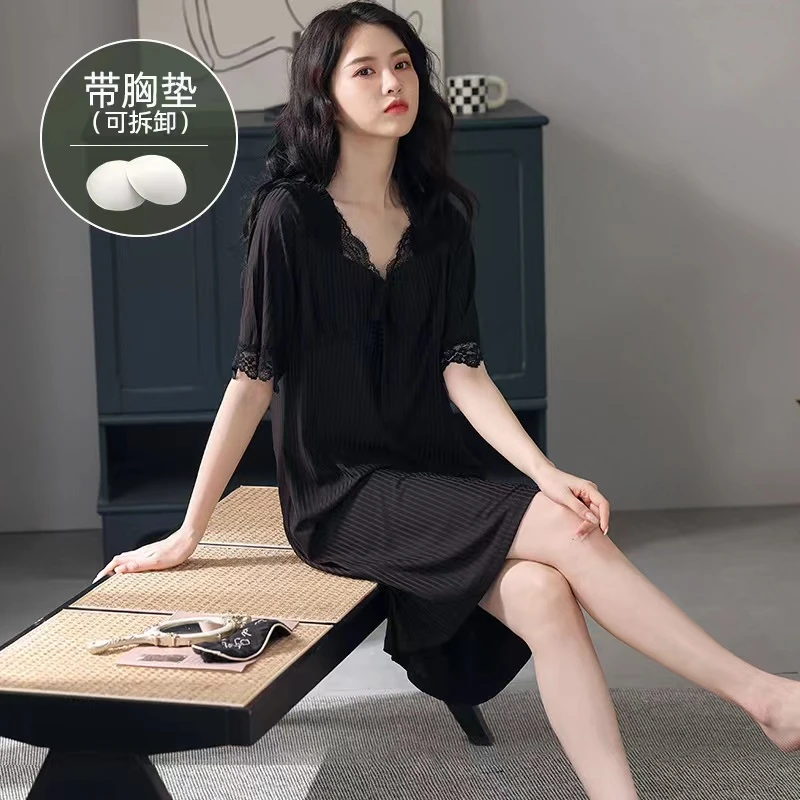 2023新款莫代尔冰丝凉感丝滑睡裙女可拆卸胸垫短袖长款宽松睡衣