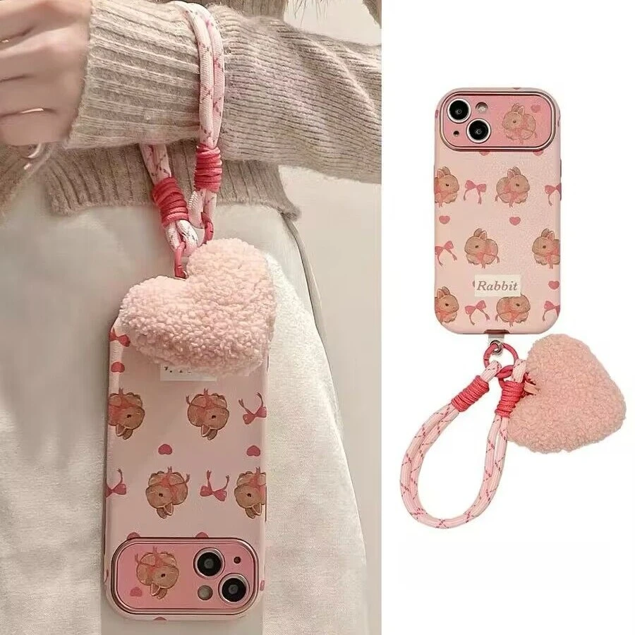 粉色蝴蝶结兔子iphone15手机壳挂绳苹果14promax全包13皮质软壳12