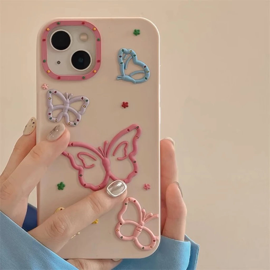 ins立体彩色蝴蝶液态硅胶手机壳软适用苹果iPhone 15promax/14/13