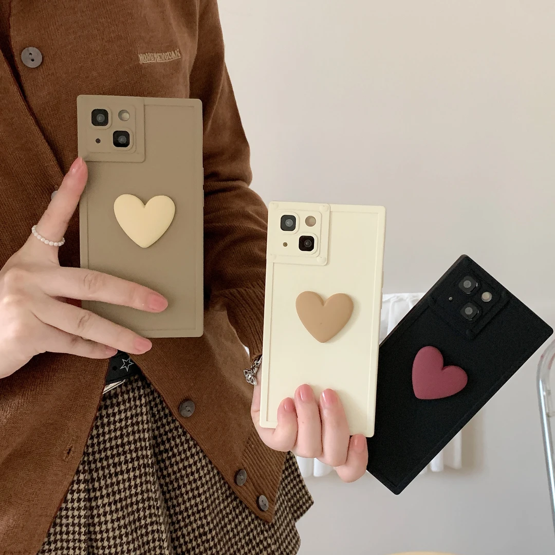 秋冬暖咖色爱心iPhone14promax苹果13/12/11/XS方形软硅胶手机壳