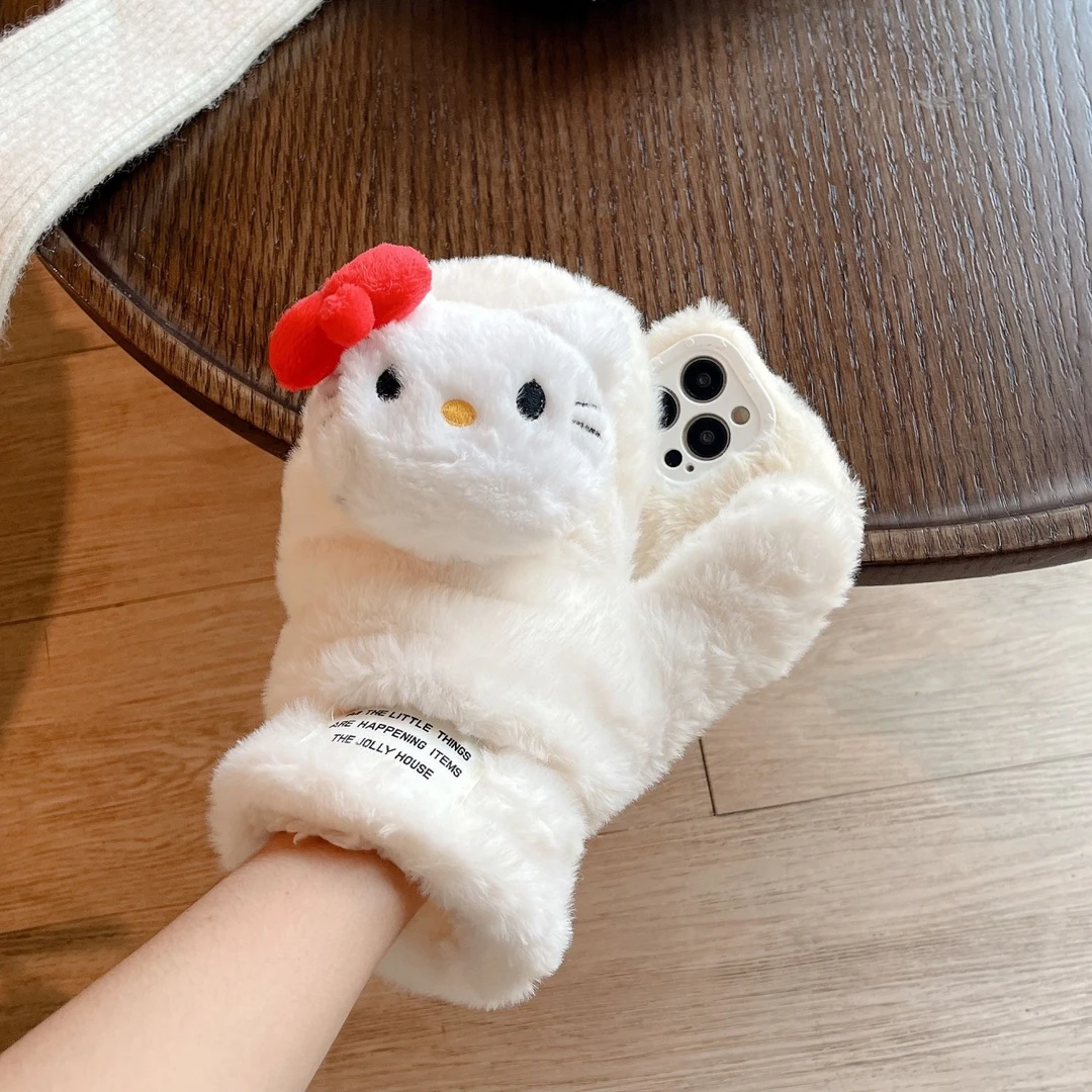白色kitty手套毛绒iPhone15手机壳苹果14/13promax可爱12毛茸茸11