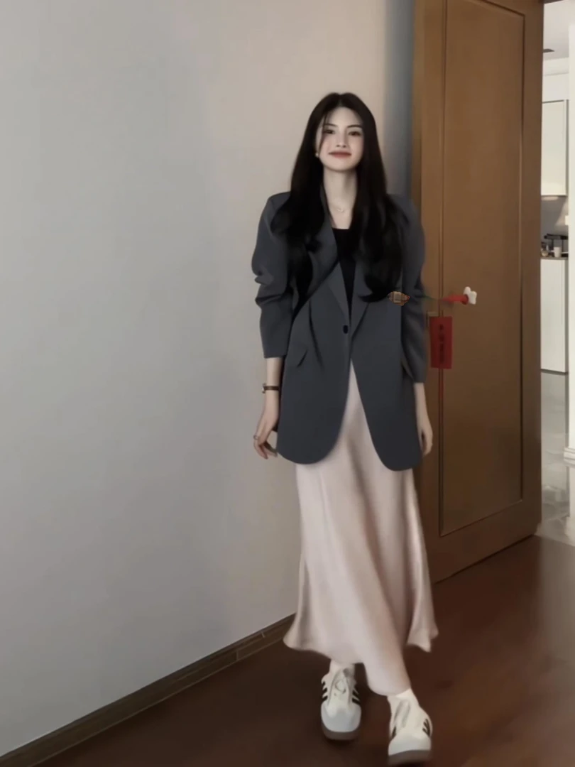 oversize灰色西装外套女小个子2024春秋新款廓形休闲宽松显瘦西服