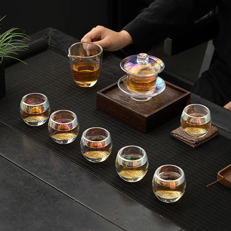 璃斓堂炫彩千里江山水晶透明玻璃套组加厚盖碗茶杯泡茶碗礼盒礼袋