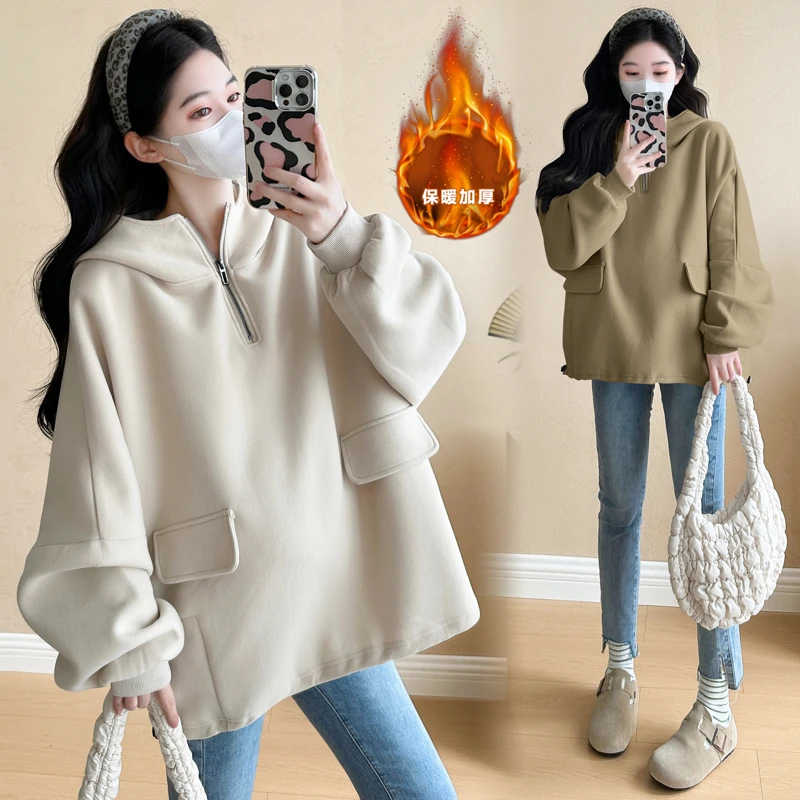 孕妇装加绒加厚秋冬新款韩版时尚百搭孕妇休闲连帽中长款卫衣绒衫