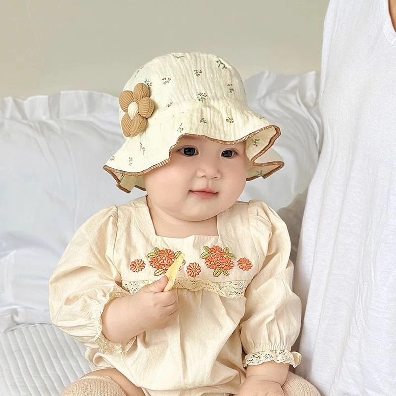 春秋季婴儿帽子棉纱透气女宝宝花朵盆帽婴幼儿童渔夫帽防晒遮阳帽