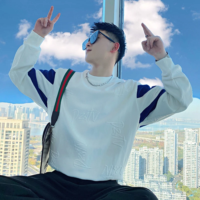 高级感撞色卫衣男春秋季圆领长袖T恤2024新款高街ins潮牌痞帅打底