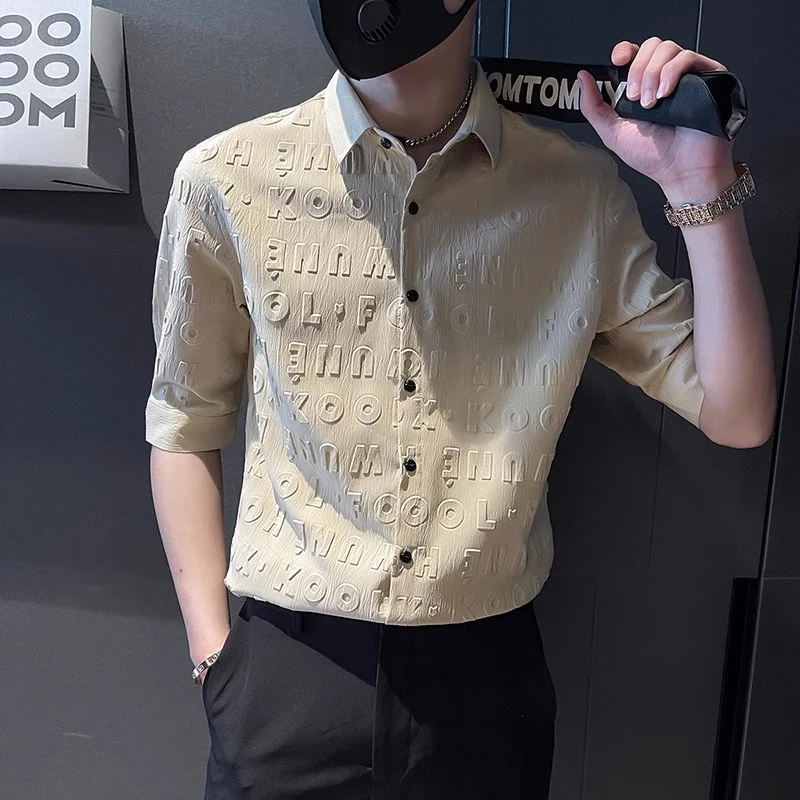 痞帅五分袖衬衫男潮牌短袖立体压花半袖寸衫夏季休闲痞帅男装衬衣