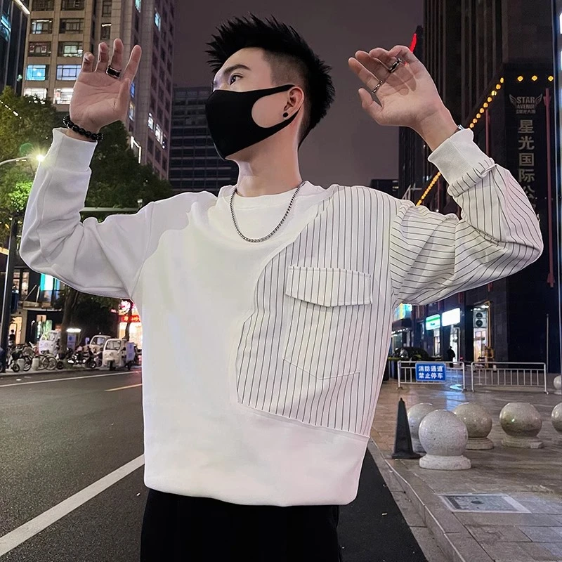 条纹拼接卫衣男款春秋潮牌长袖T恤2025新款男士休闲爆款秋装上衣