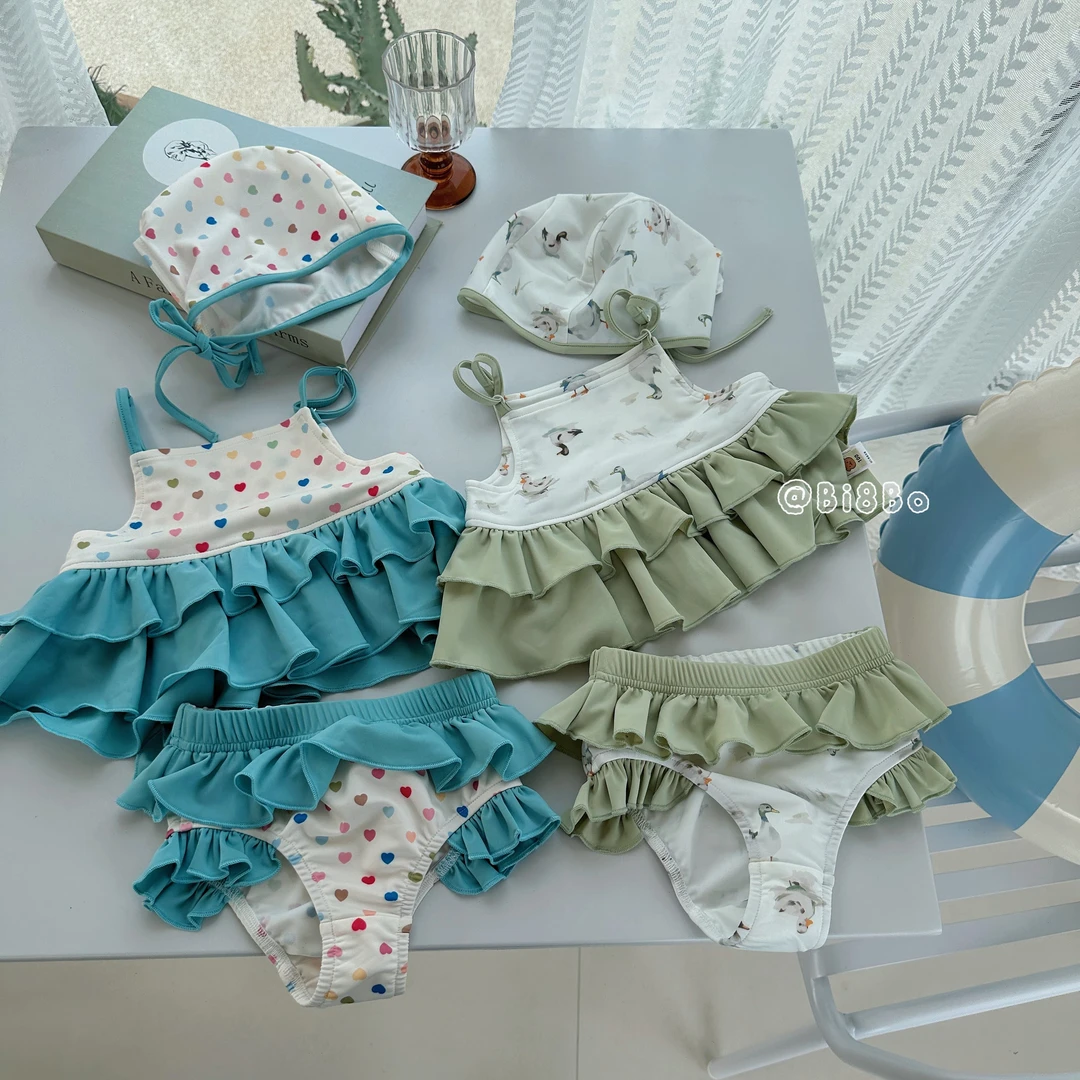 bi8bo正品新款海边度假女童泳装可爱宝宝花边泳衣套装30796