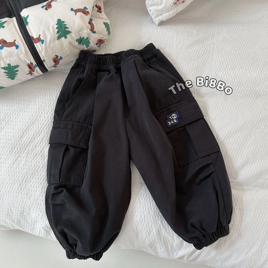 bi8bo秋冬儿童加绒加厚工装裤韩版宽松洋气纯棉纯色休闲裤30363