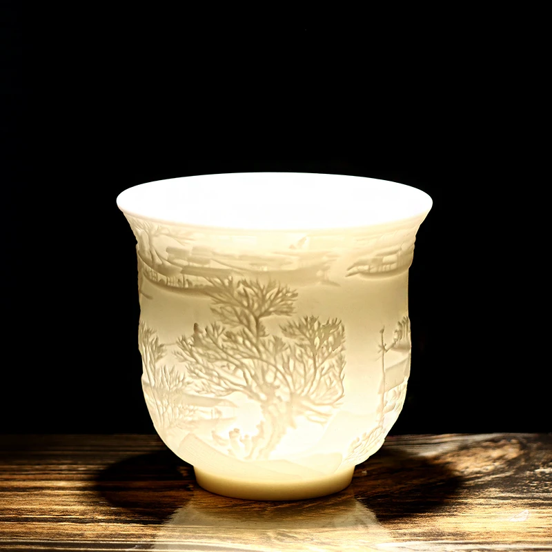 3.18元包邮 德化羊脂玉茶杯白瓷清明上河图杯品茗主人杯功夫茶盏