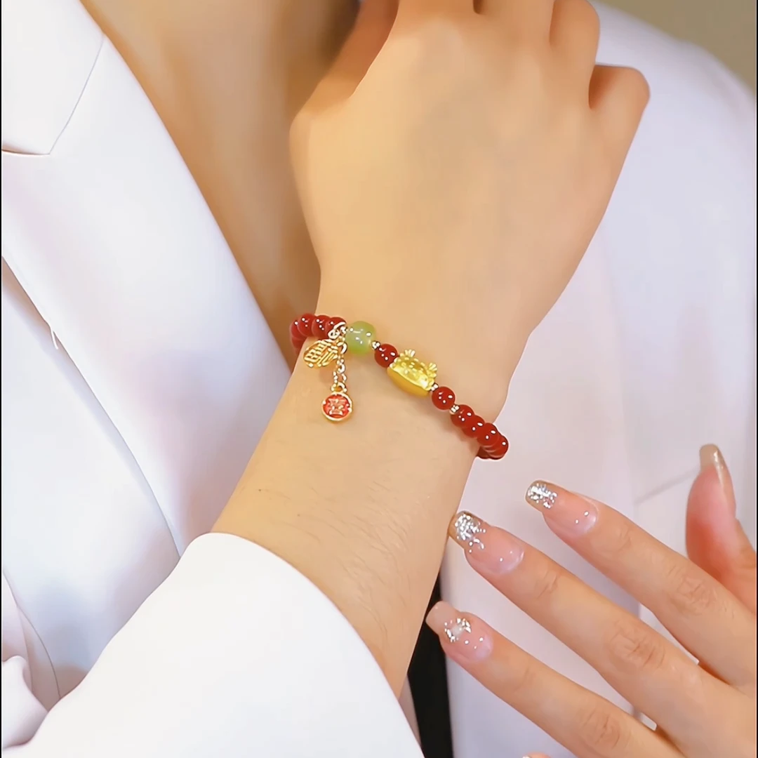 钛钢玻璃手链 国风红色手串本命年十二生肖龙年手链一龙蒸饺百搭