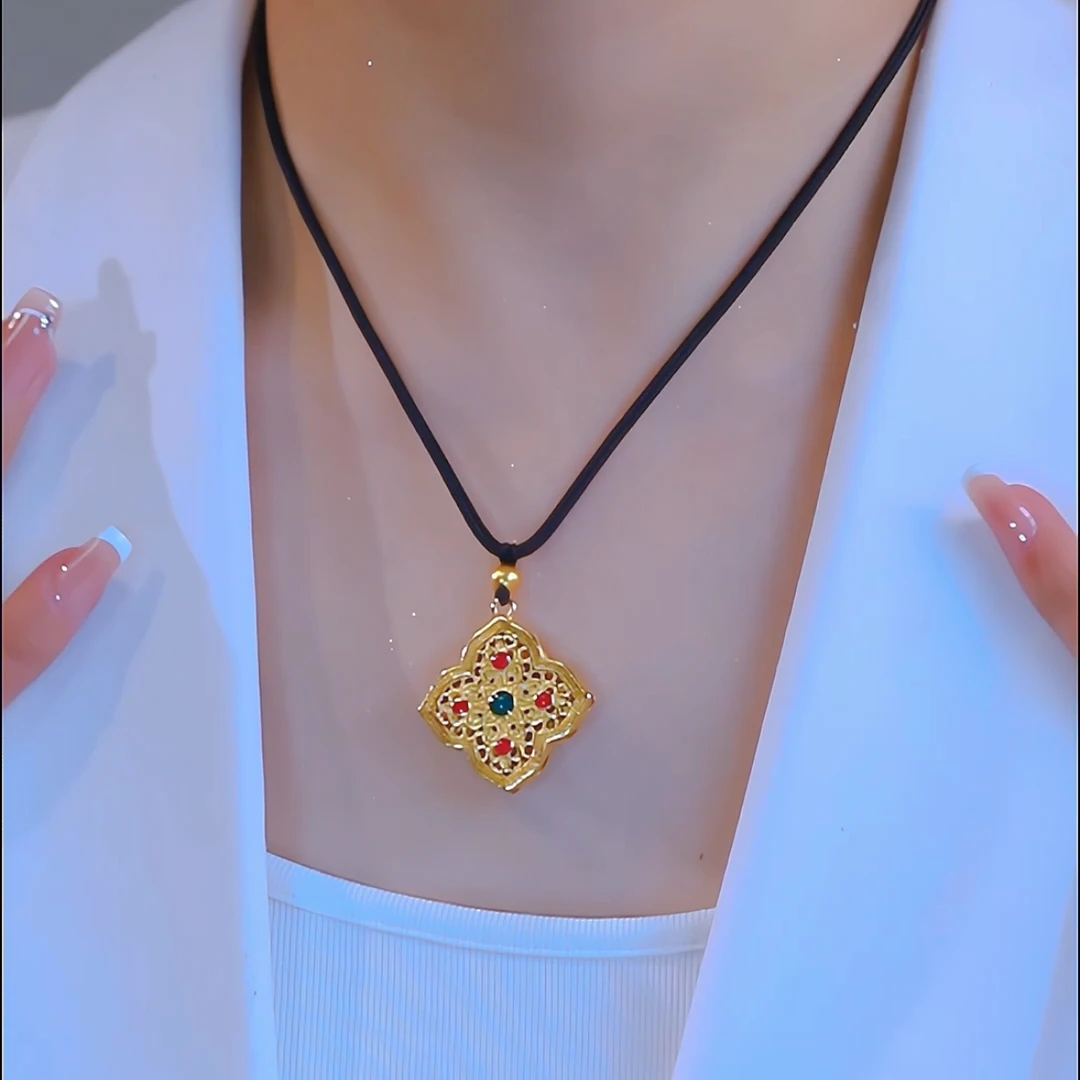 钛钢布艺项链 手工编绳四叶草项链百搭国风项链新中式时尚锁骨链