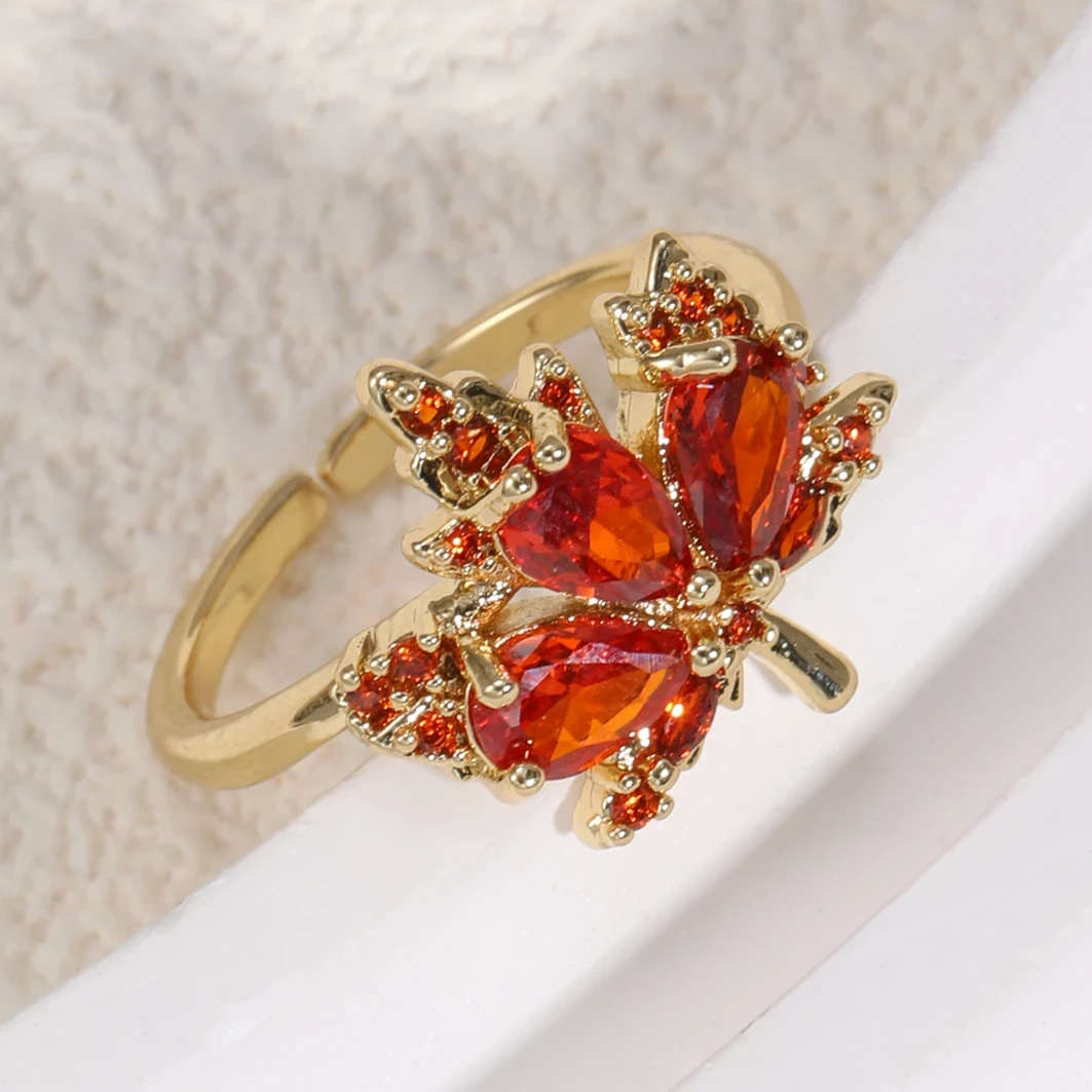 铜合金戒指  秋冬微镶枫叶开口戒指女轻奢高级感可调节食指戒