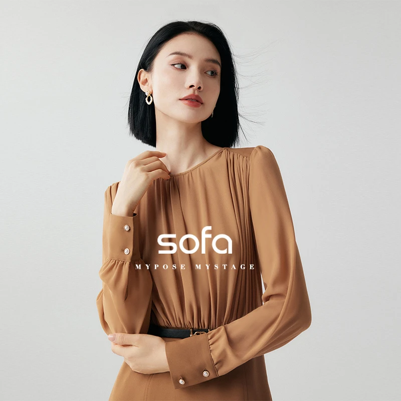 sofaS41L2201878复古气质收腰长袖时尚法式轻奢优雅拼接连衣裙