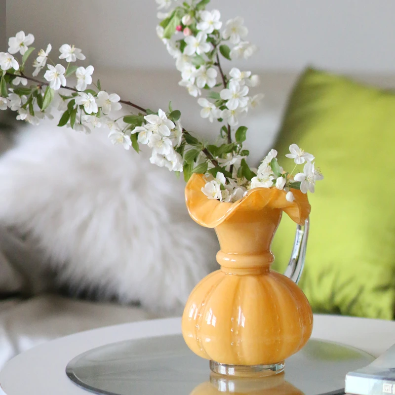 橘色芬顿中古花瓶法式奶油风轻奢高级感水壶琉璃花瓶摆件客厅插花
