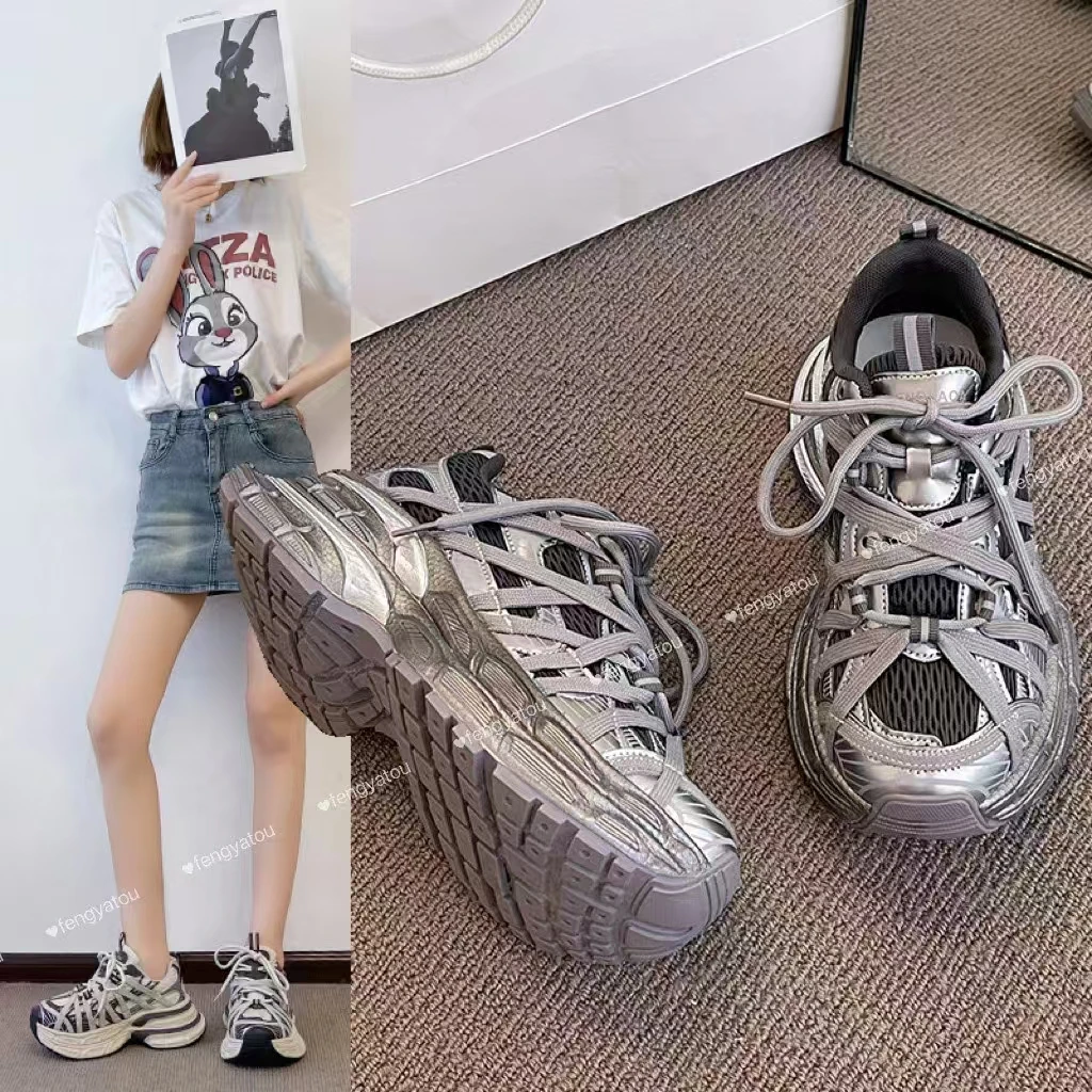 E678网红蜘蛛鞋女士老爹鞋2024四季网面厚底时尚透气休闲百搭款