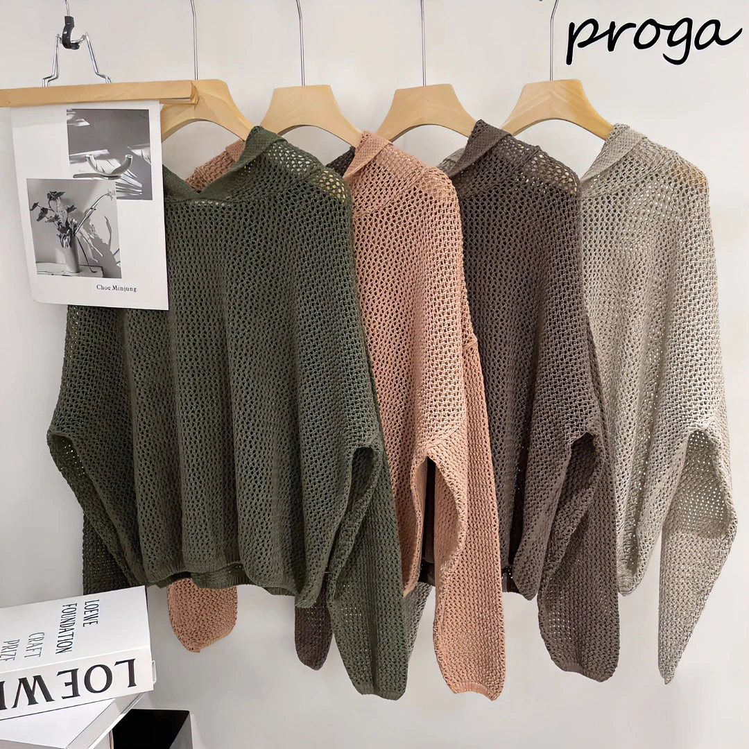 PROGA Y23022百搭时尚春秋连帽镂空亚麻毛衣针织衫宽松慵懒风