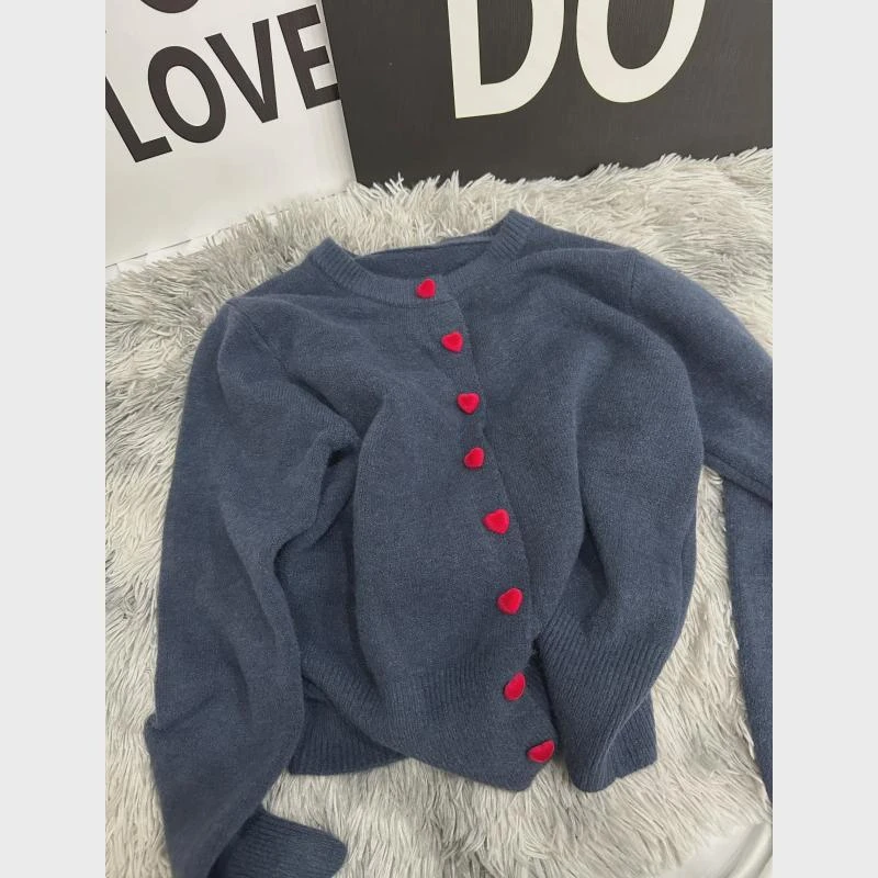 藏蓝色针织开衫毛衣外套女春秋季小个子短款正肩长袖上衣初秋外搭