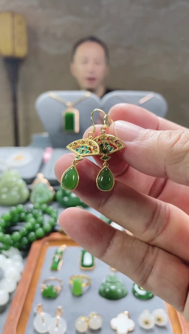 【闪购商品】和田玉耳饰银S925镀金镶嵌耳饰