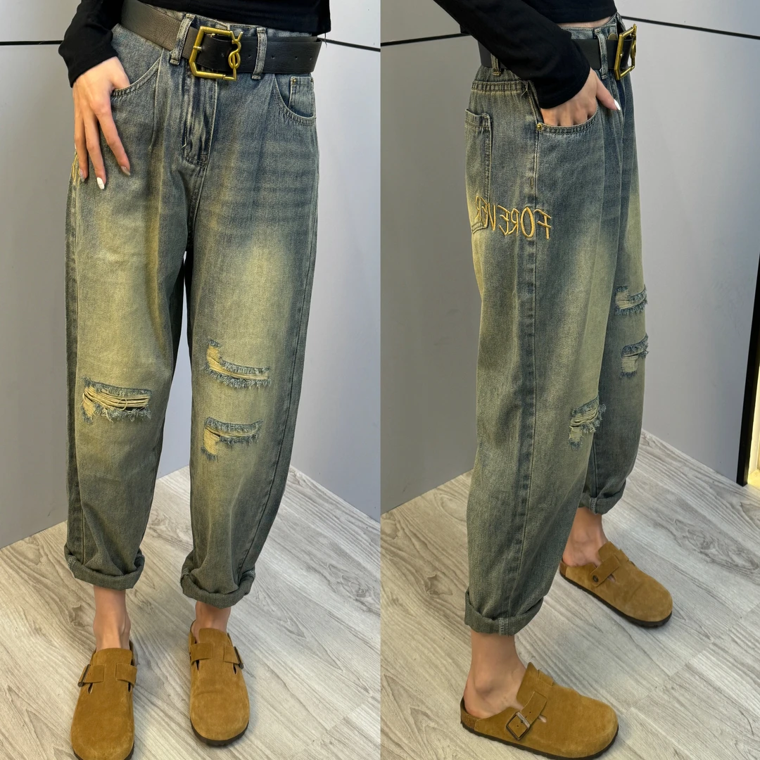 （赠腰带）复古破洞水洗宽松老爹裤休闲字母刺绣哈伦萝卜裤百搭女