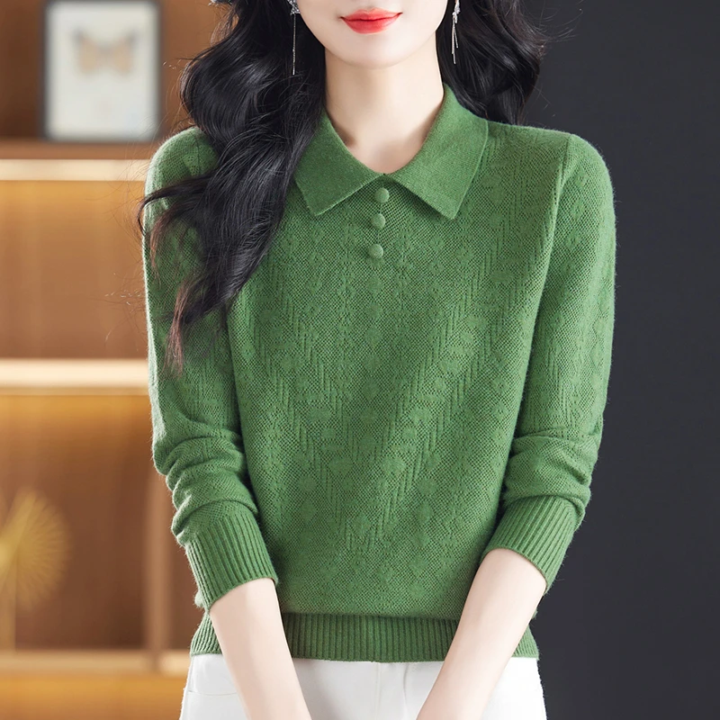 沐羊娃娃领长袖针织衫女提花上衣气质显瘦内搭宽松套头外穿