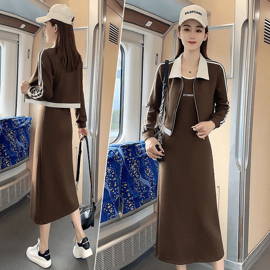 2024秋冬休闲时尚气质洋气长袖中长款连衣裙减龄外套显瘦两件套