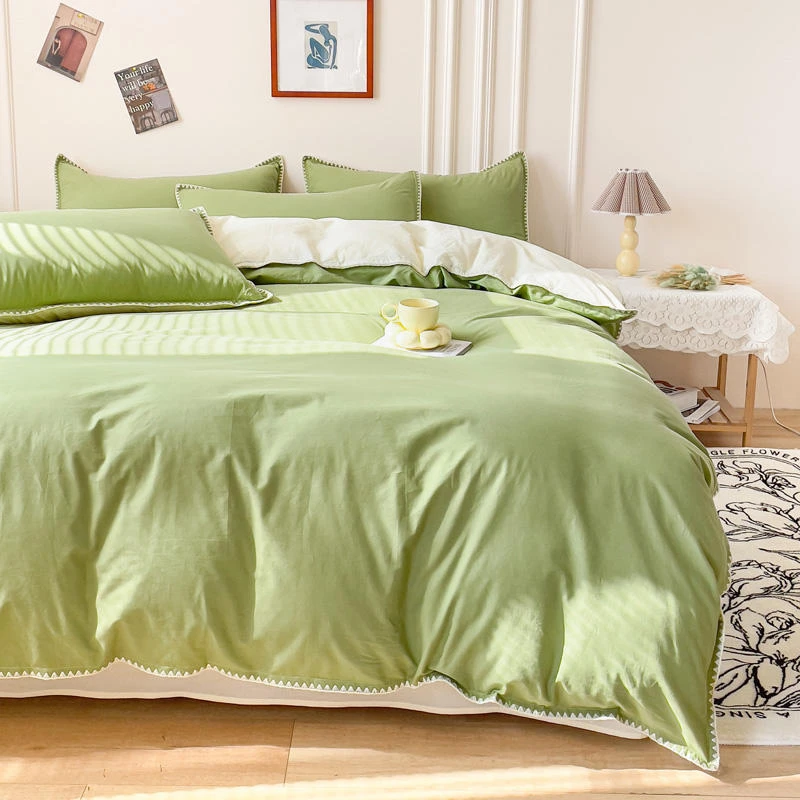 色织简约水洗棉全棉纯色学生贝壳边四件套