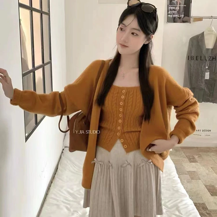 韩系慵懒风麻花针织背心+v领宽松纯色开衫外套两件套装女春秋季