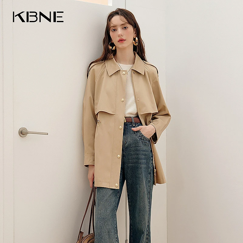 KBNE2025新款卡其色长袖通勤百搭风衣外套中长款超好看大衣春秋女