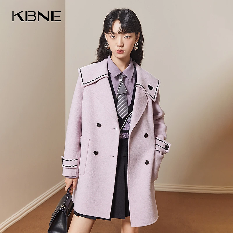 【商场同款】100%绵羊毛纯色毛呢外套女kben2023冬学院风翻领大衣