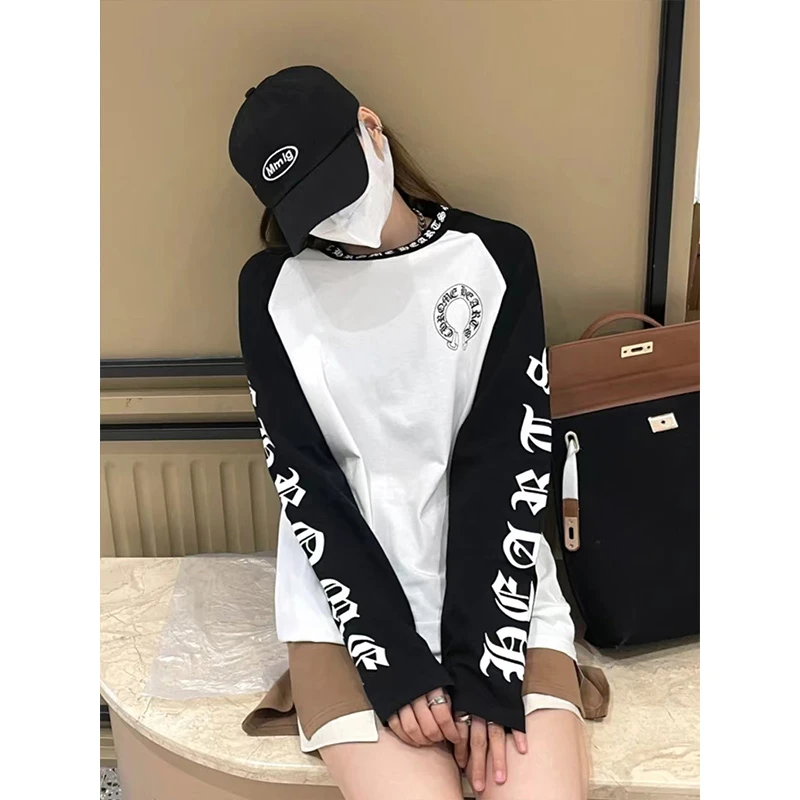 梵文字母印花长袖时尚T恤宽松舒适圆领2024春季新款拼接韩版百搭