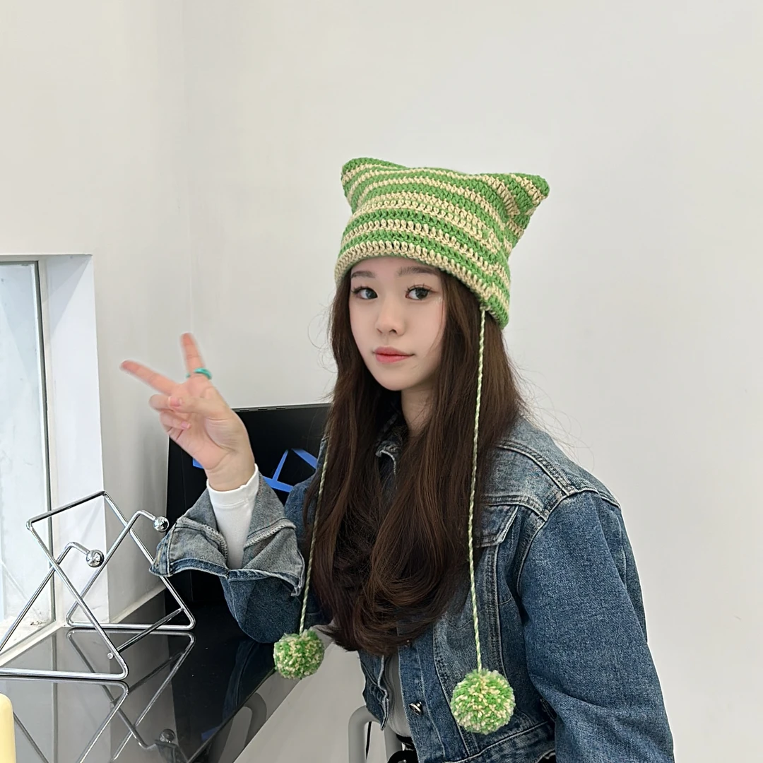 日式可爱ins小恶魔条纹针织帽子女耳朵尖尖帽保暖头套帽冷帽可diy