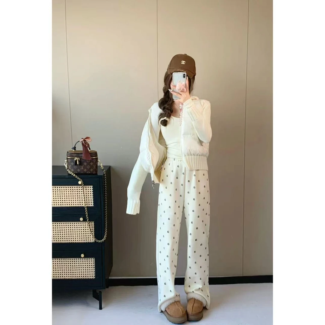 Cette Saison【定制A字母休闲裤！】米色加绒/印花阔腿裤 CS-3ATP540