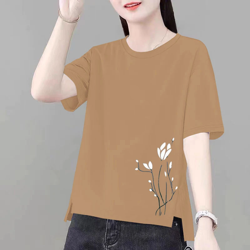 100%纯棉短袖t恤女夏季印花女士高档全棉体恤衫女款透气大码上衣