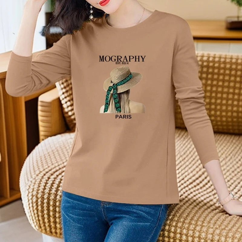 女士内搭小衫长袖t恤女秋衣纯棉上衣100%全棉春秋女款圆领打底衫