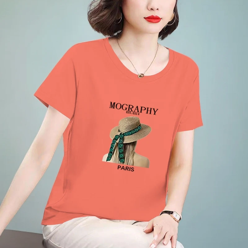 100%全棉短袖t恤女款时尚洋气体恤夏装小衫女士大码衣服纯棉上衣