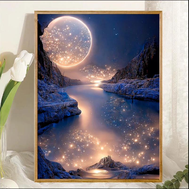 浪漫风景钻石画2024新款满钻流沙河月亮手工粘钻十字绣客厅卧室贴