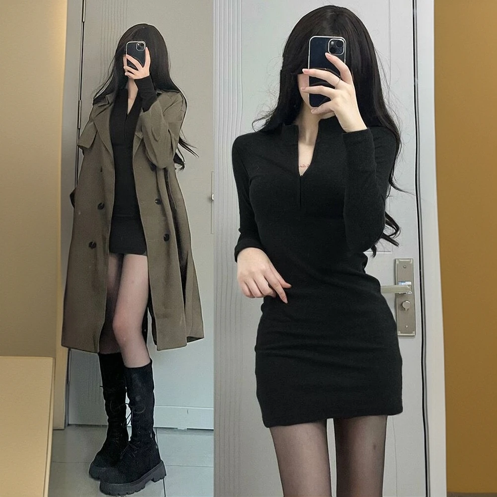 秋冬显瘦黑色修身打底连衣裙女性感气质显瘦搭配大衣包臀短裙裙子