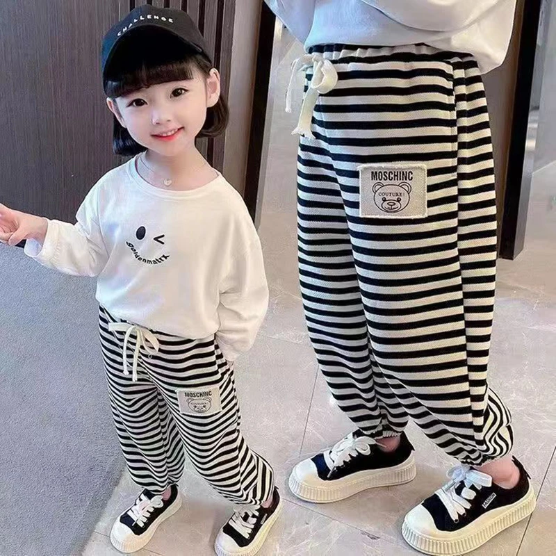 女童裤子春装儿童装洋气小童春秋女宝宝运动男童条纹长裤2023新款