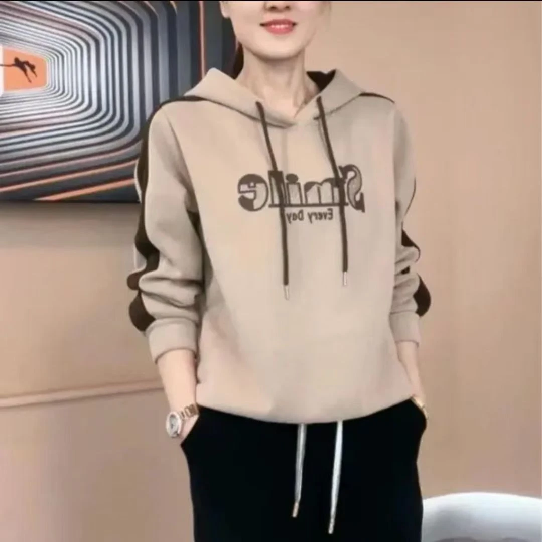 双面磨毛德绒连帽卫衣2024秋冬新款洋气休闲字母上衣印花宽松女士
