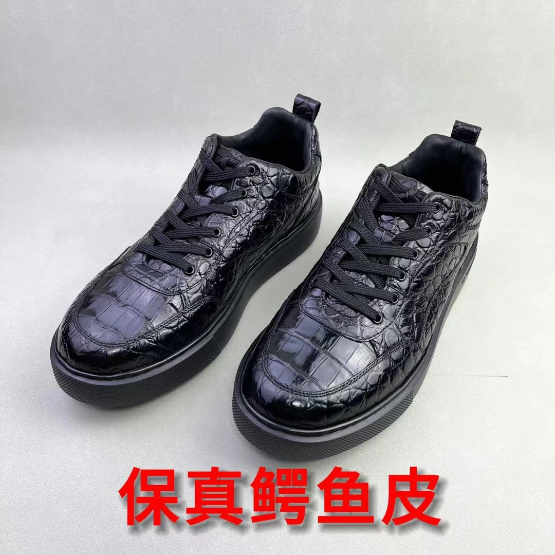 正宗鳄鱼皮手工板鞋男士百搭潮鞋真皮牛皮透气舒适系带平底休闲鞋