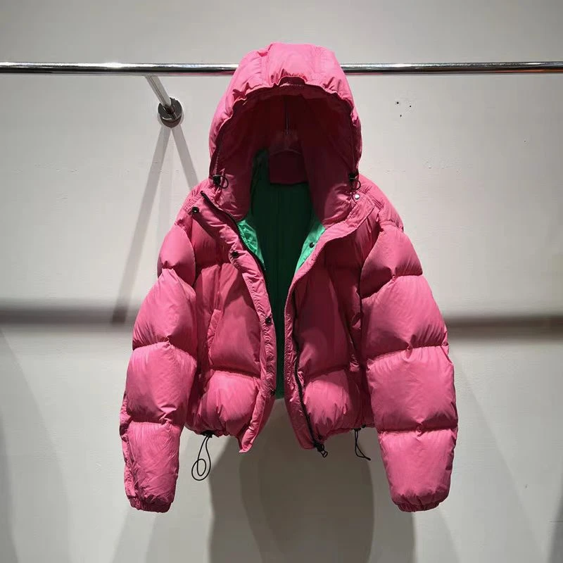 2024新短款羽绒服女连帽宽松加厚撞色休闲糖果色面包小个子外套