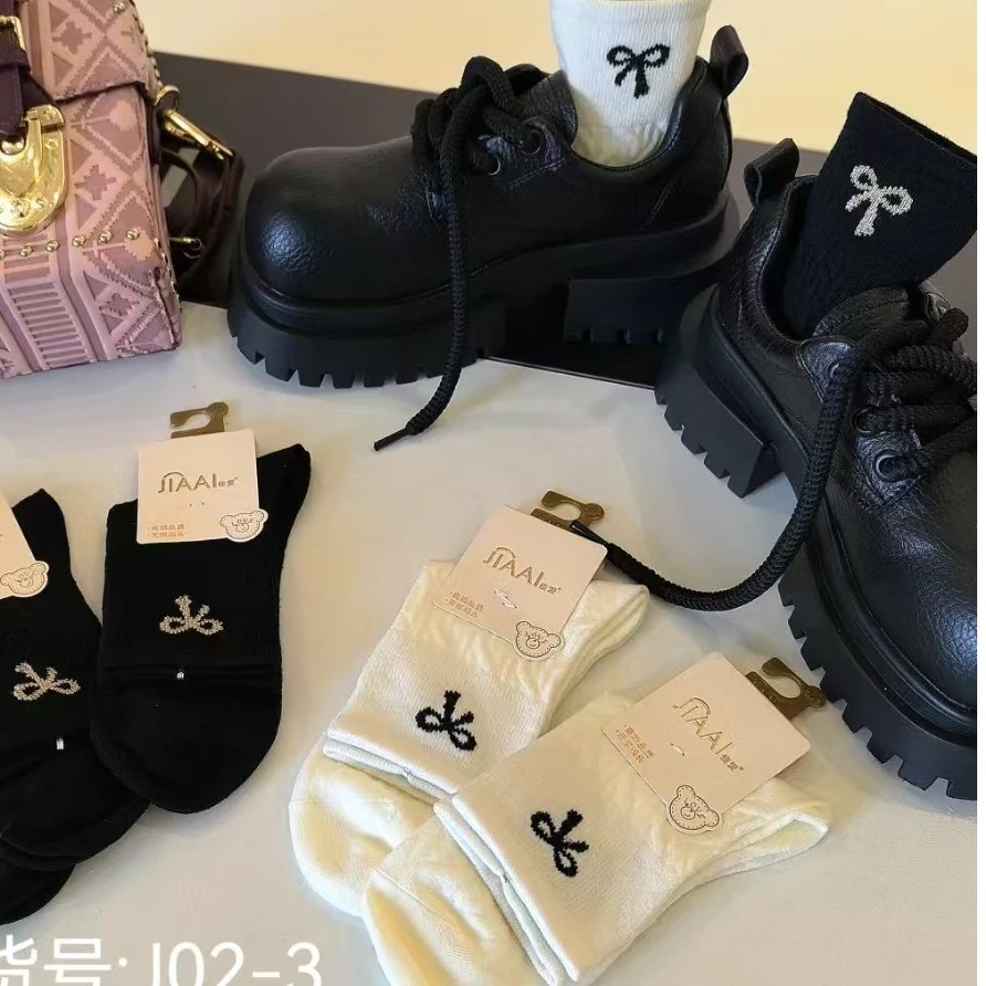 E08佳爱女款蝴蝶结黑杏系短袜5双