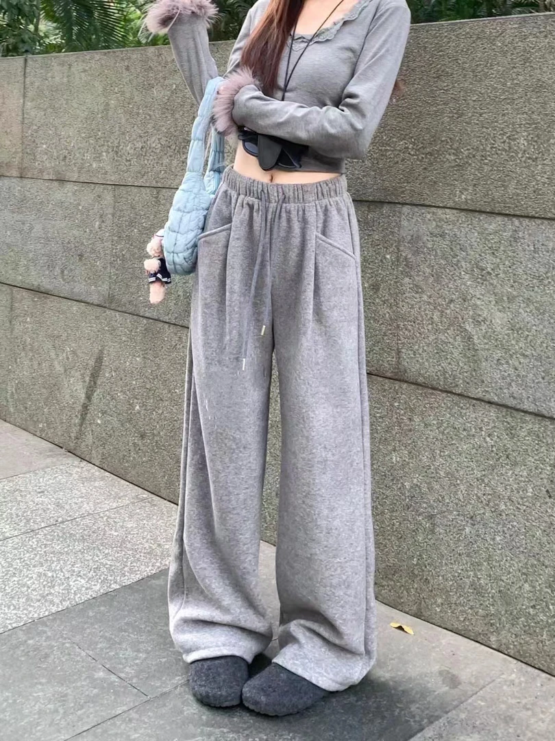 D084女装新潮加绒毛巾料直筒裤2615