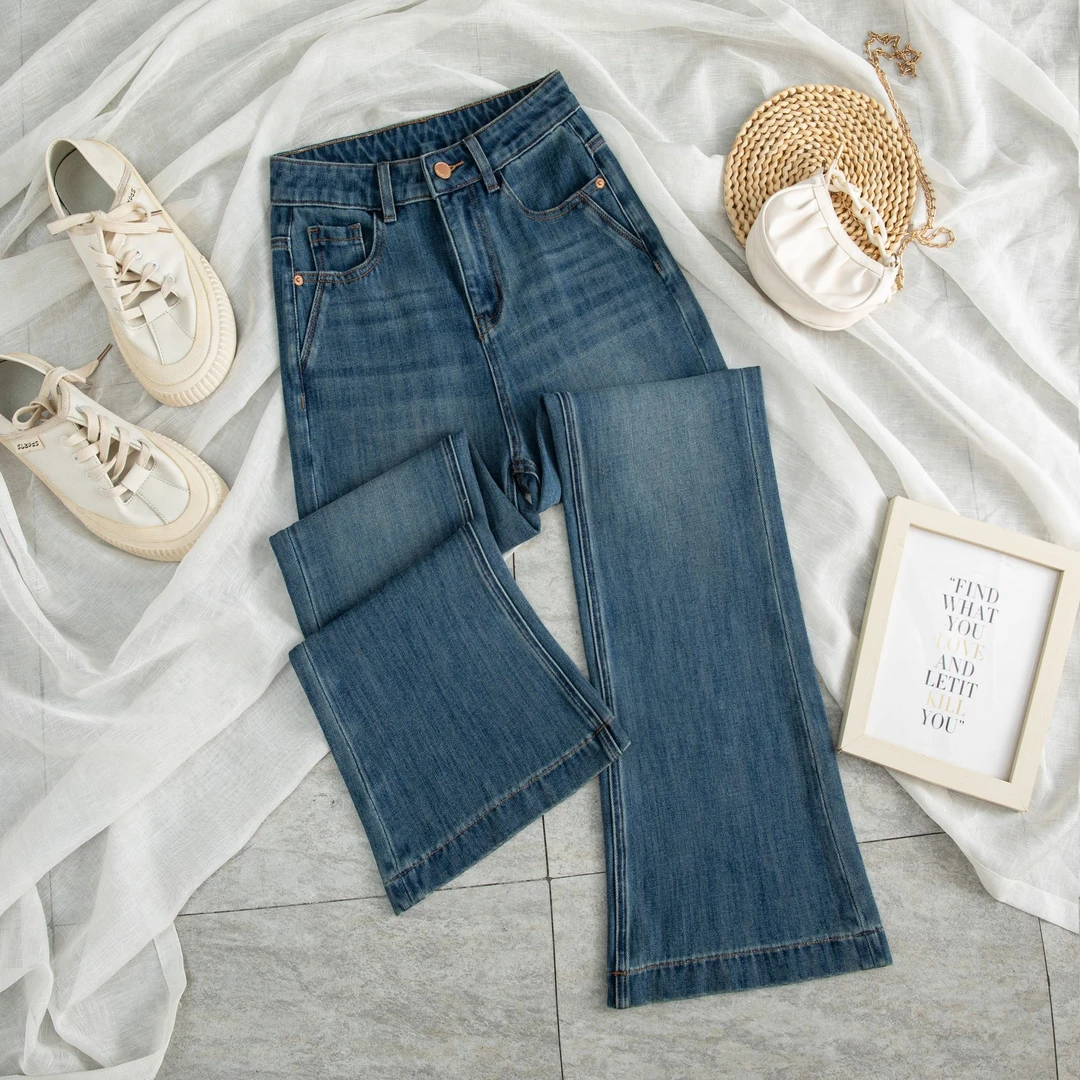 【胖哥】四面弹筒喇裤.深海蓝色系高腰牛仔裤女时尚百搭拖地喇叭裤